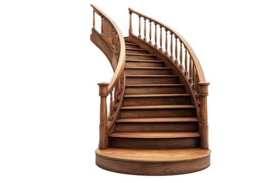 A winding wooden staircase with a curved banister against a plain gray background in a studio setting