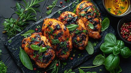 A top-down view of a grilled chicken on a black