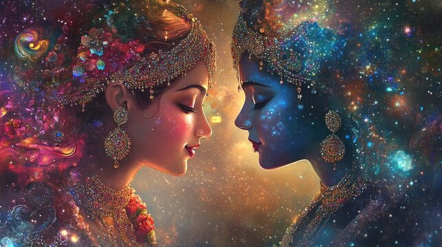 Radha krishna in love medium shot photography portrait of cosmic galactic Generative AI. symbol of Devine Love. Art Print For Home Decor hindu couple on abstract decorative background illustration