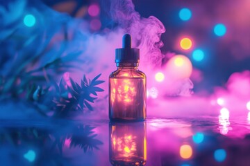 Colorful dropper bottle with glowing liquid beside fog and decorative lights in dark setting