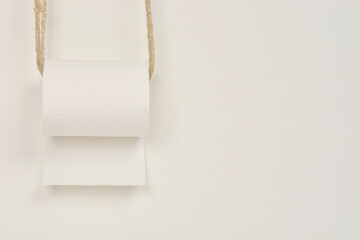 A roll of white toilet paper hangs vertically by two strands of natural rope against a light background, showcasing its simplicity and functionality
