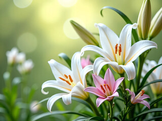 Fototapeta premium White lilies. Green nature background.