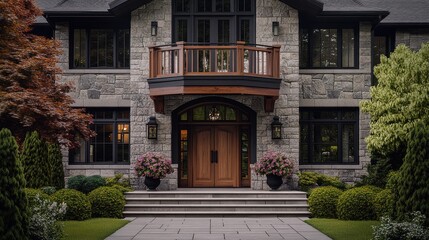 Fototapeta premium Elegant stone house entrance with lush greenery and vibrant flower pots