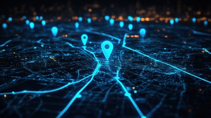 Obraz premium On a dark background, a map displays blue glowing location pins, with one pin highlighted and connected lines tracing a route from one point to another.