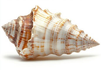 Fototapeta premium Isolated Seashell with Brown Stripes on White Background Close-up