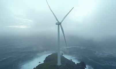 Wind Turbine on Rocky Island Surrounded by Ocean on a Foggy Day