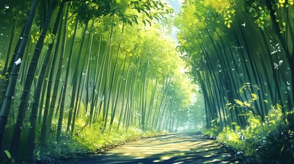 Serene Bamboo Forest, nature background wallpaper, anime illustration drawing illustration