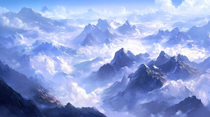 Mountain Peaks Above Clouds, Aerial View