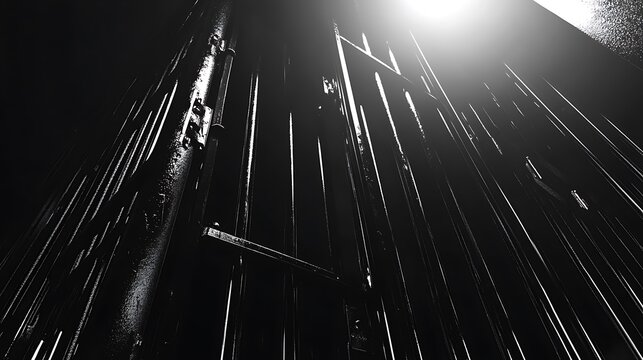 A monochrome image depicting a tall metal gate structure