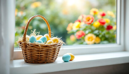 Colored or decorated Easter eggs in a basket on the windowsill; and a spring sunny natural background with blooming trees.