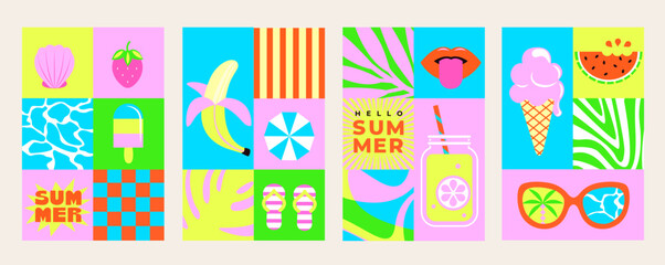 Set of summer bright flyers in square tile style with simple shapes and symbols of hot season-watermelon,ice cream,lemonade,sea,tropical leaves pattern,strawberry.Template for posters,web,print.Vector