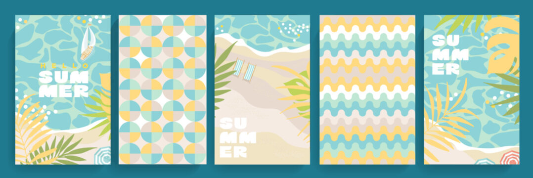Set of modern tropical themed summer covers and background patterns.Sea,beach,yacht, simple geometric patterns.Template for design,print.Vertical banners, flyers for social media,web,ads,promo.Vector