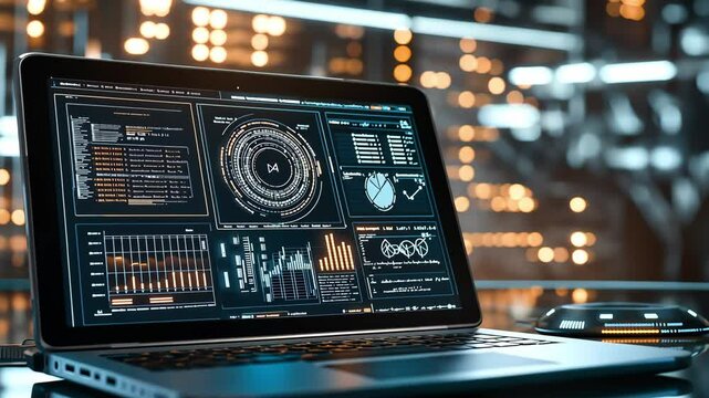 A laptop displays data visualization and analytics dashboards in a futuristic, technology-driven environment emphasizing digital innovation and cyber intelligence