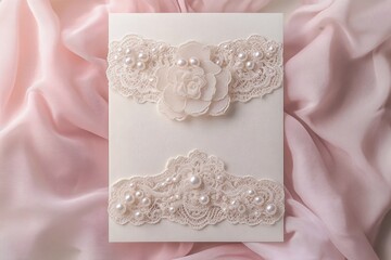 A delicate and elegant wedding invitation with pearls, lace detailing, satin ribbon accents, white background, soft lighting, high resolution, and no text or typography on the front of the card