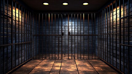 Dark prison cell with brick walls and barred gates appears empty