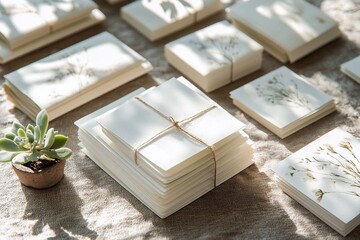 A set of stationery, featuring blank white cards and envelopes in various sizes, arranged on top of an elegant tablecloth with a small succulent plant beside them.