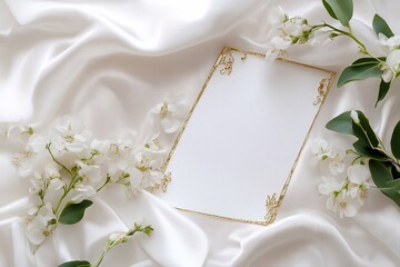 A white card with delicate flowers and green leaves on the side, placed against a background of soft satin cloth. The overall color scheme is warm tones such as gold or brown to highlight details.