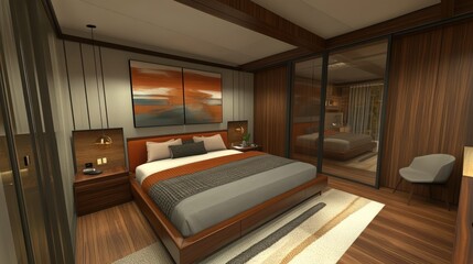 Naklejka premium Modern Bedroom Interior Design: Luxury and Comfort