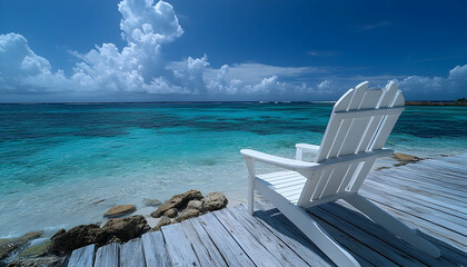 Beach chair on wooden pier, turquoise water & sky