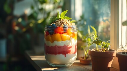 A layered parfait with fresh fruit in a glass jar