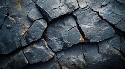 A close-up of a rocky surface with dark cracks and volumetric lighting highlighting the rugged textures 