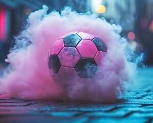 A pink soccer ball amidst a cloud of colorful vibrant smoke