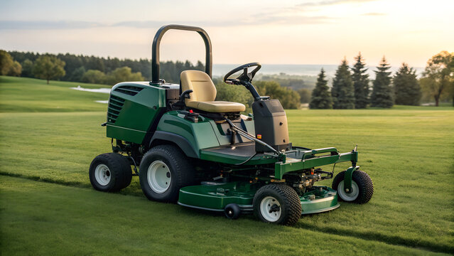Riding mower cutting grass on a golf course at sunset  