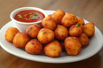 Close-up of akara, spiced bean fritters, beautifully arranged on white plate, garnished with herbs, accompanied by bowl of red chutney. Concept of akara showcasing appetizing and vibrant cuisine.