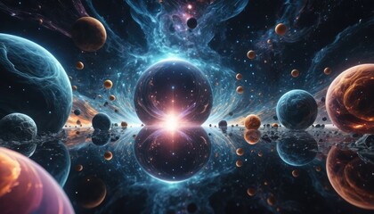 A stunning artistic visualization of the multiverse, infinite glowing realities overlapping