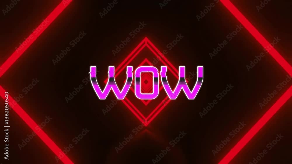 Poster glowing neon wow text over dynamic red geometric shapes in animation design