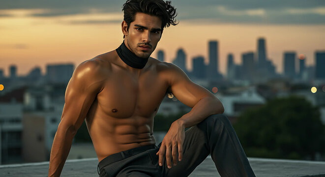 Man sitting shirtless with city skyline in the background - Powered by Adobe