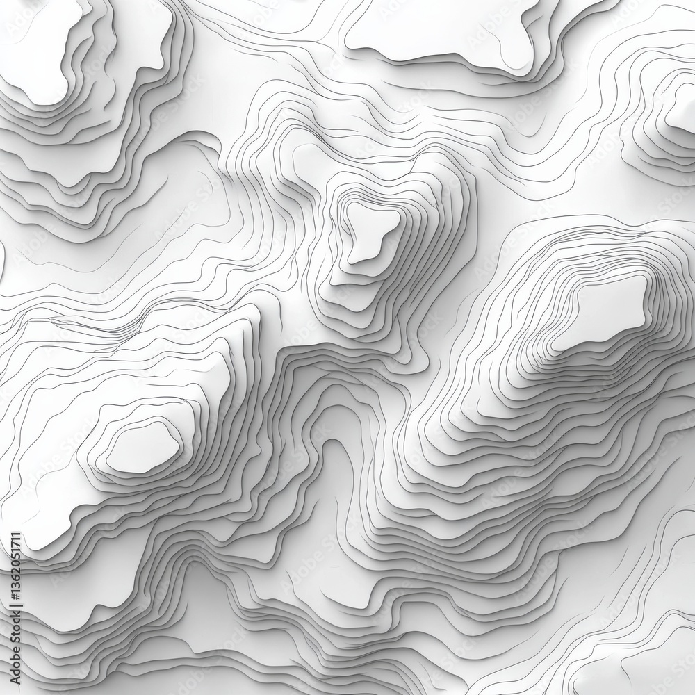 Aufkleber Abstract Topographic Map: A White 3D Render with Contour Lines and Subtle Shadows Displaying Terrain Elevation