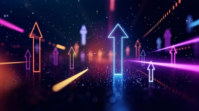 Glowing neon arrows and parallel light streaks create a futuristic atmosphere on a dark background, symbolizing progress, direction, and innovation