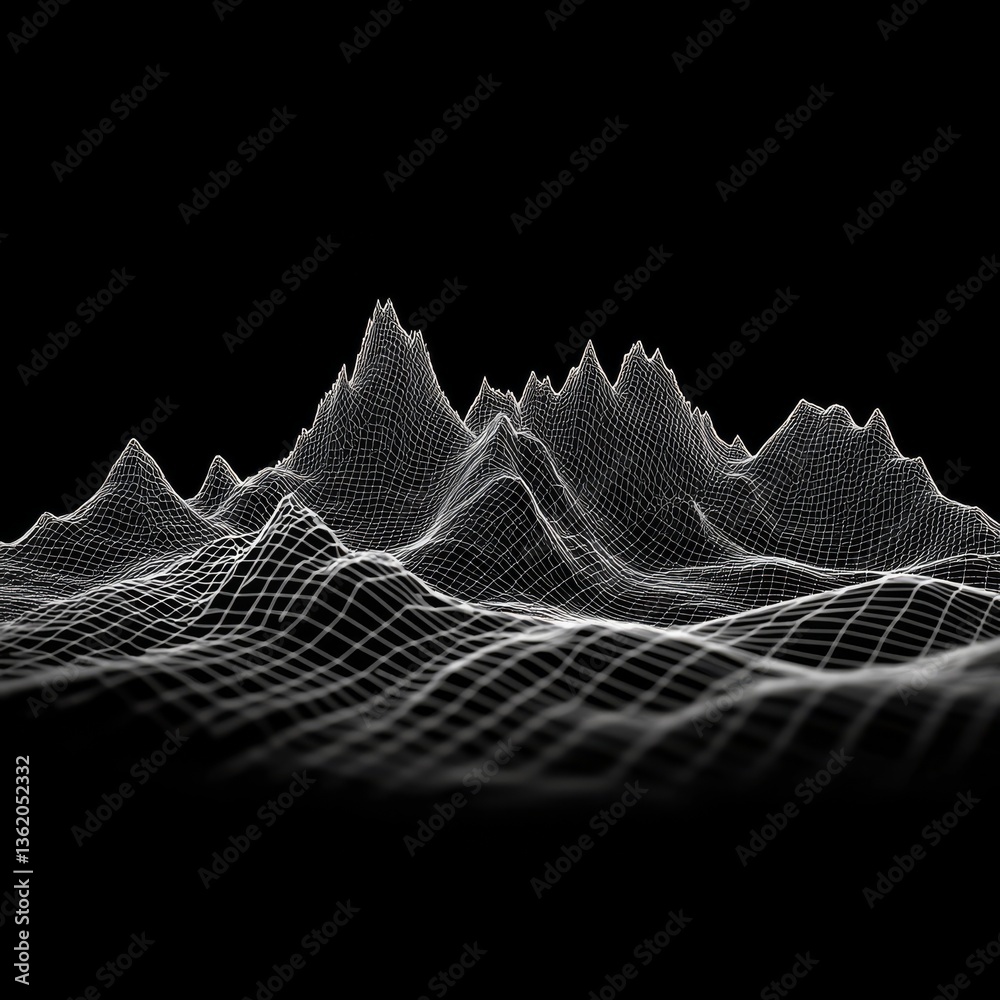 Aufkleber Abstract White Wireframe Landscape on Black Background with Gradients, Illustrating 3D Topography and Data Visualization