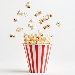 Popcorn falling into a red striped paper cup, isolated on white background