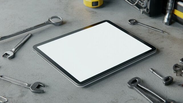 Blank tablet on workshop table surrounded by various tools, ready for digital tasks or industrial projects.