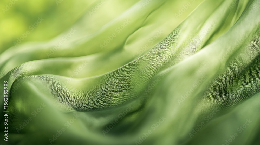 Poster Abstract close up of flowing light green fabric creating soft waves and subtle shadows in the image