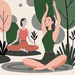 Two women practicing yoga in nature. Minimalist flat illustration with abstract trees and calm color palette. Meditation and wellness lifestyle in natural environment.