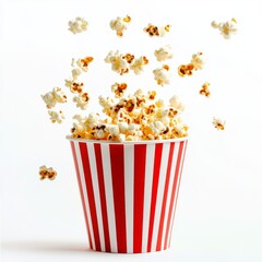 Popcorn falling into a red striped paper cup, isolated on white background