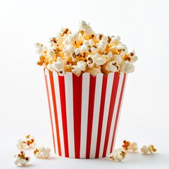Popcorn falling into a red striped paper cup, isolated on white background