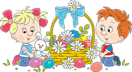 Cute little boy and girl playing happily with painted Easter gift eggs and a toy bunny from a wicker basket decorated with a bow and flowers, vector cartoon illustration on a white background