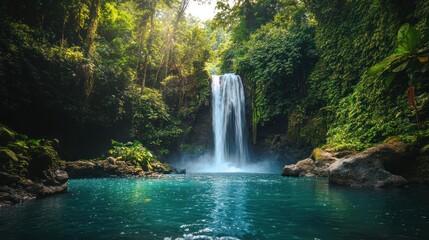 Naklejka premium Breathtaking bali waterfall cascading into turquoise pool surrounded lush vegetation