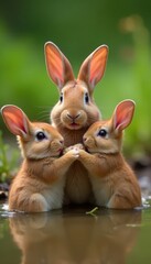 A curious rabbit holding its siblings' paws in a muddy pond while they all giggle , animal, siblings