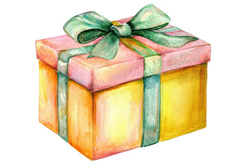 A colorful gift box wrapped with a large bow, featuring pink and yellow shades and a green ribbon.