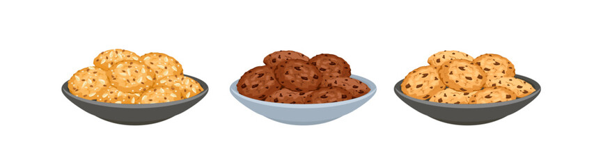 Set of different biscuit on plates. Vector cartoon flat illustration of sweet cookies.