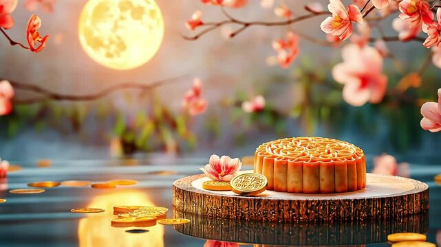 Lunar New Year decorative mooncakes on display podium mock up with bright full moon Asian garden, Lunar New Year blessings	