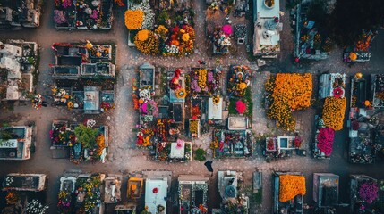 Fototapeta premium Aerial view of a Cemetery adorned with vibrant flowers marking Day of the Dead