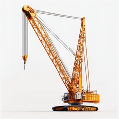 Construction Powerhouse: Detailed View of a Heavy-Duty Yellow Crawler Crane Against a Clean White Background