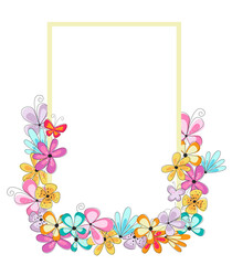 Bright easter rectangular frame with colorful flowers and butterflies. Easter celebration background. Spring frame for card, invitation.