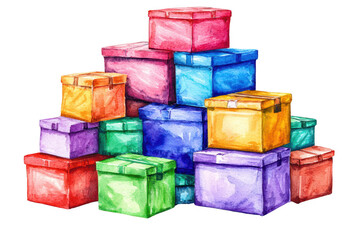 A colorful assortment of stacked gift boxes in various sizes, showcasing vibrant hues and decorative designs.